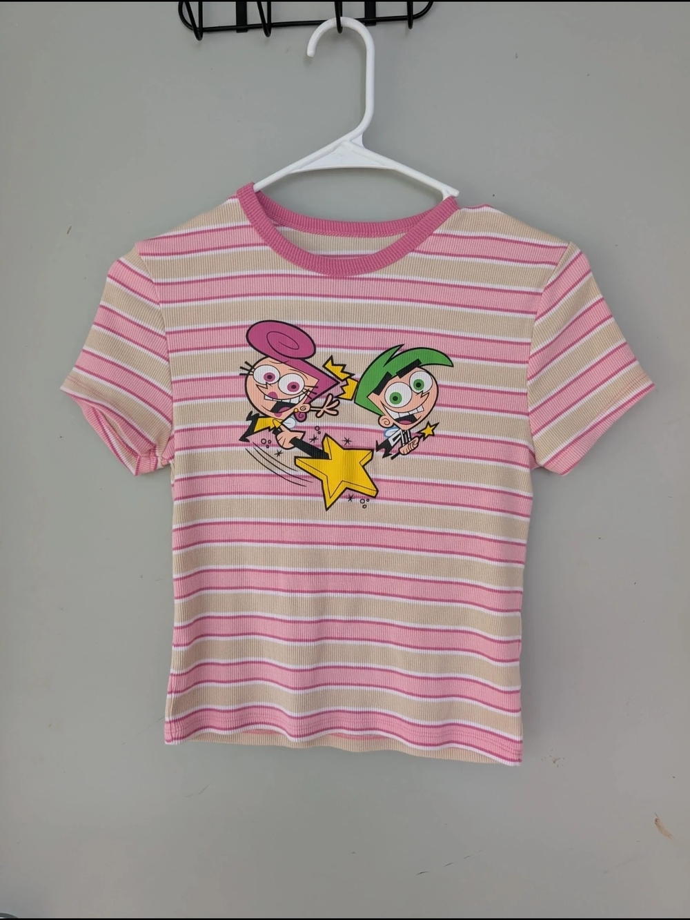 Nickelodeon The Fairly OddParents Striped Crop Baby Tee Cosmo Wanda Pink M